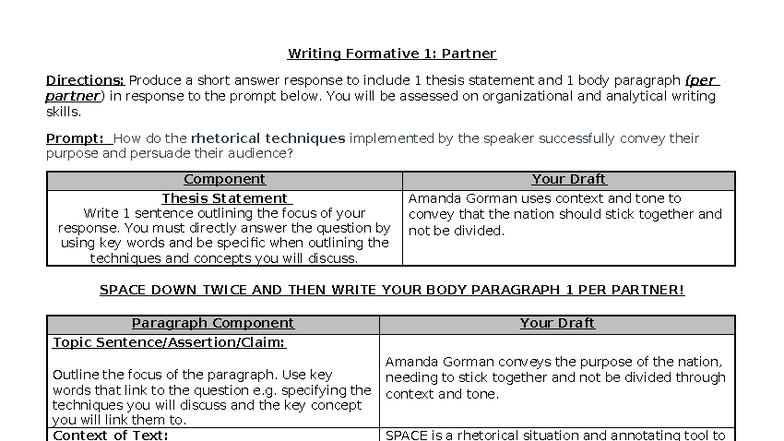 Analytical Writing Formative #1: Rhetorical Techniques in Amanda Gorman ...