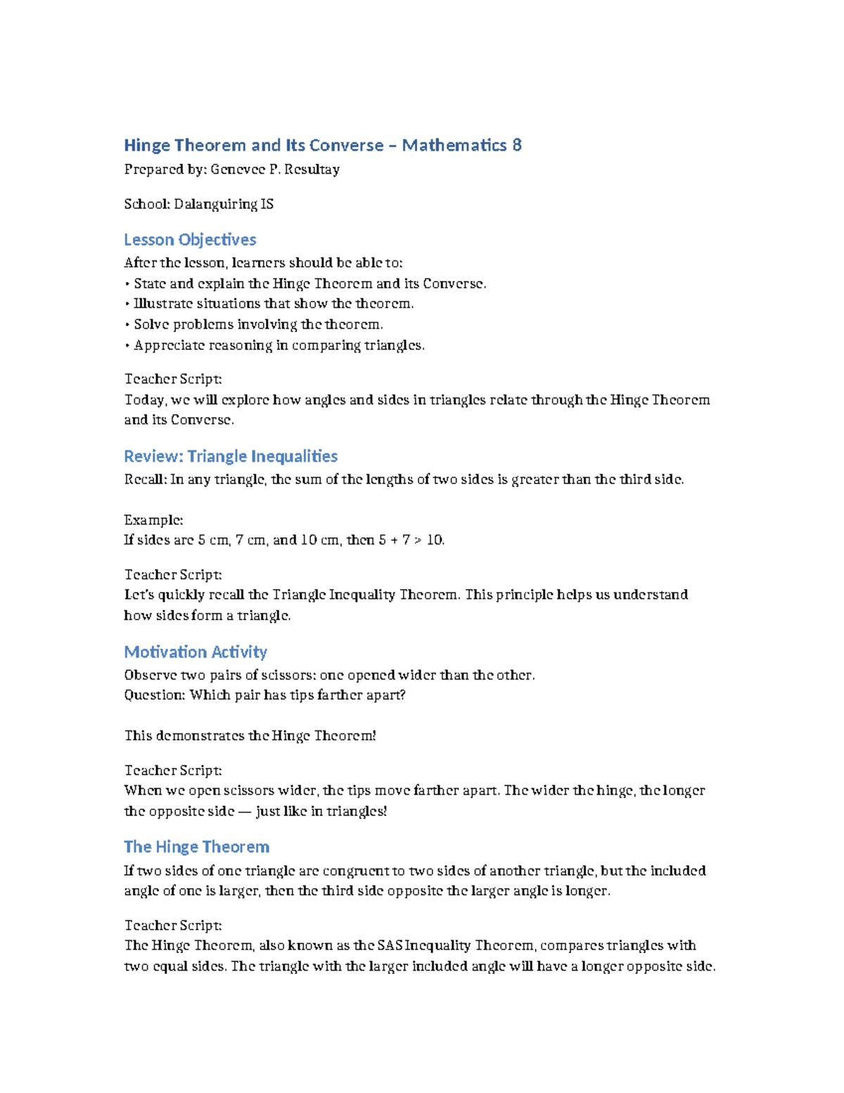 Hinge Theorem & Converse: Math 8 Lesson Script - Studocu