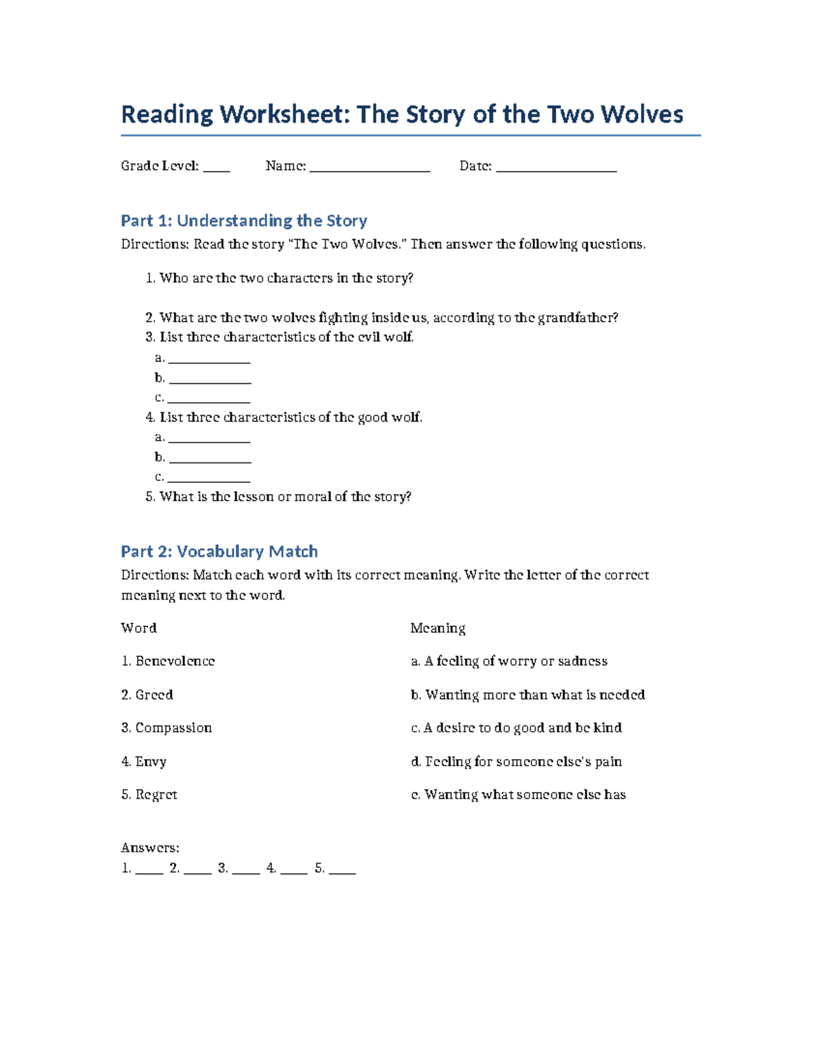 The Two Wolves Worksheet: Understanding the Story and Vocabulary - Studocu