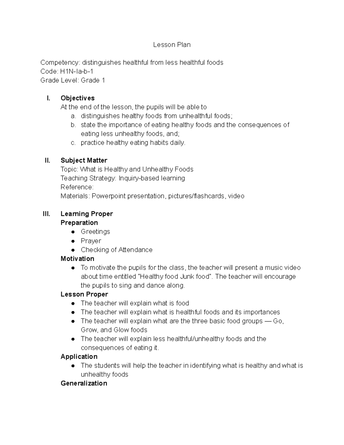 Lesson Plan: Healthy vs. Unhealthy Foods for Grade 1 (SDLP) - Studocu