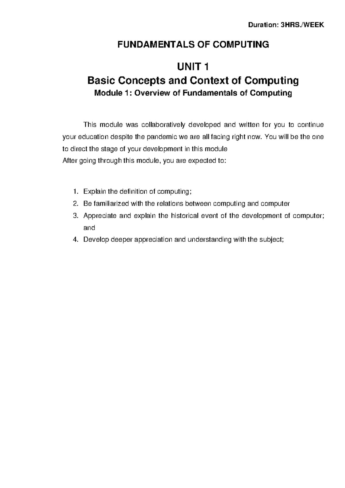 Module 1: Overview and History of Fundamentals of Computing - Studocu