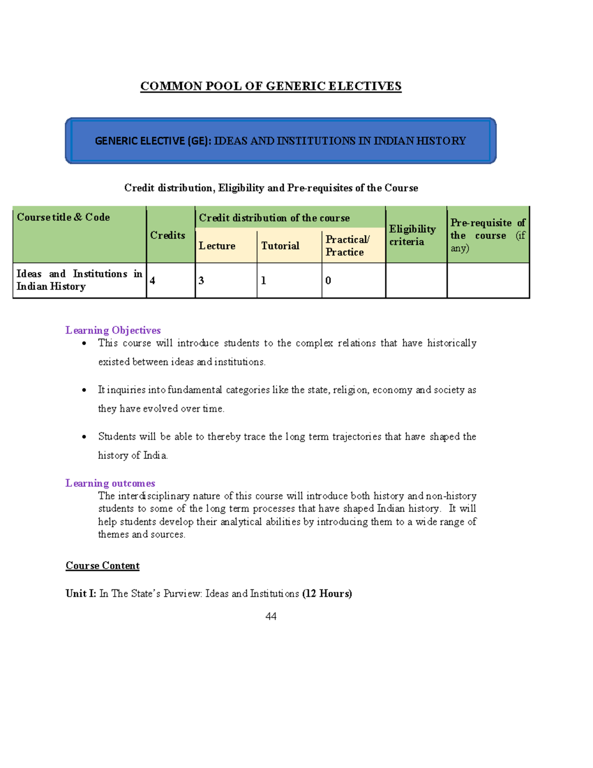 GENERIC ELECTIVE (GE): Ideas & Institutions in Indian History Syllabus ...