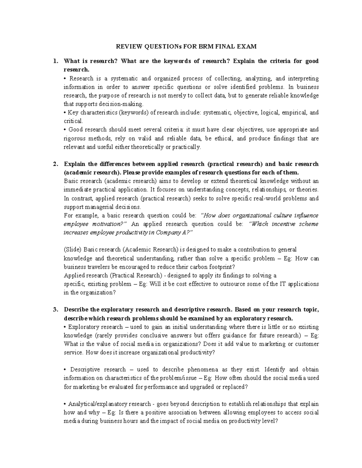REVIEW QUESTIONS FOR BRM FINAL EXAM: Key Concepts and Methodologies ...