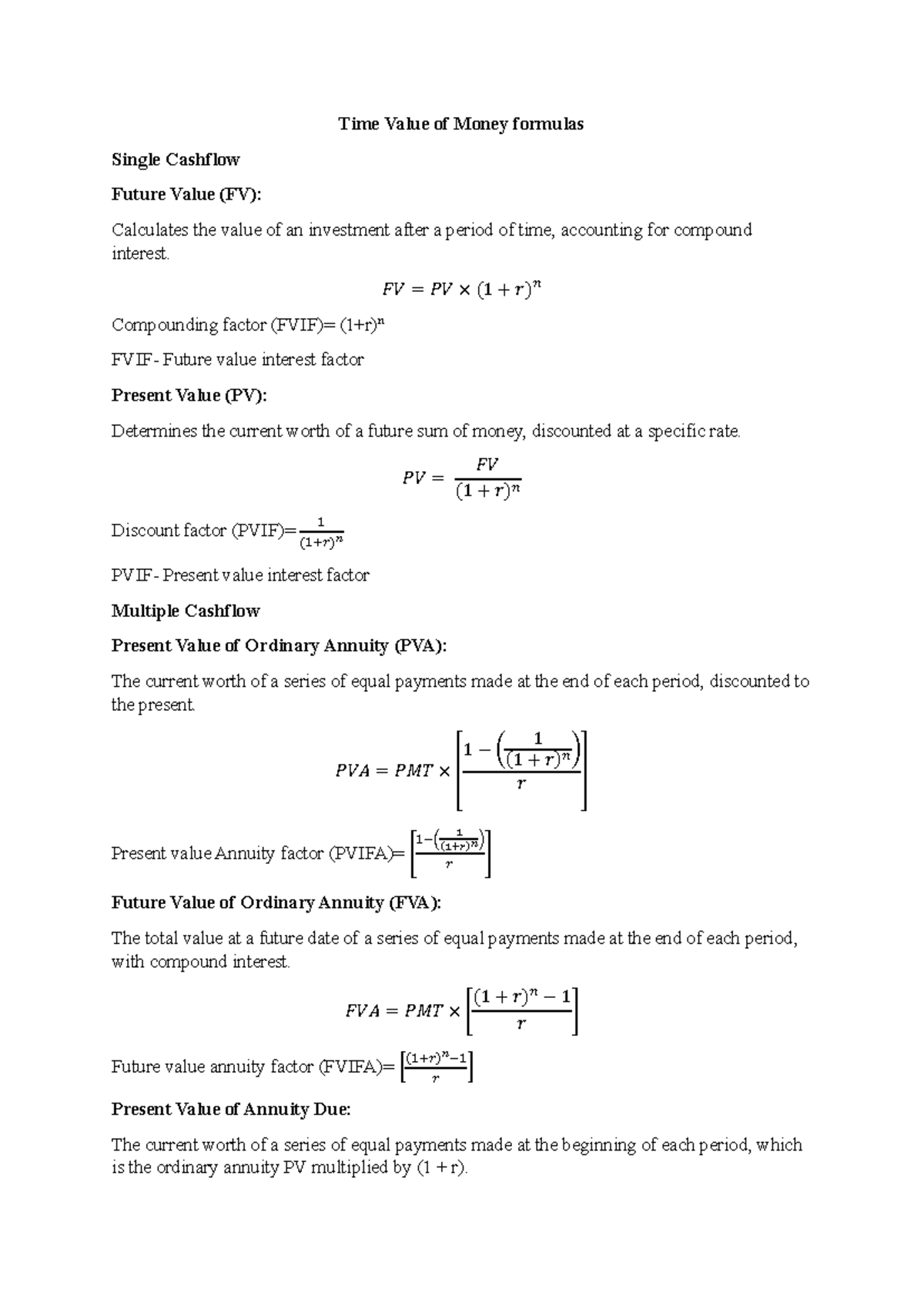 TVM Formulas: Single & Multiple Cashflow Calculations - Studocu