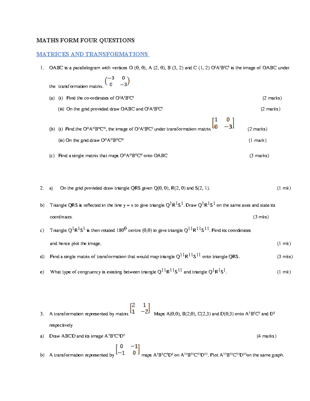 MATHS FORM 4 QUESTIONS: MATRICES & TRANSFORMATIONS NOTES - Studocu