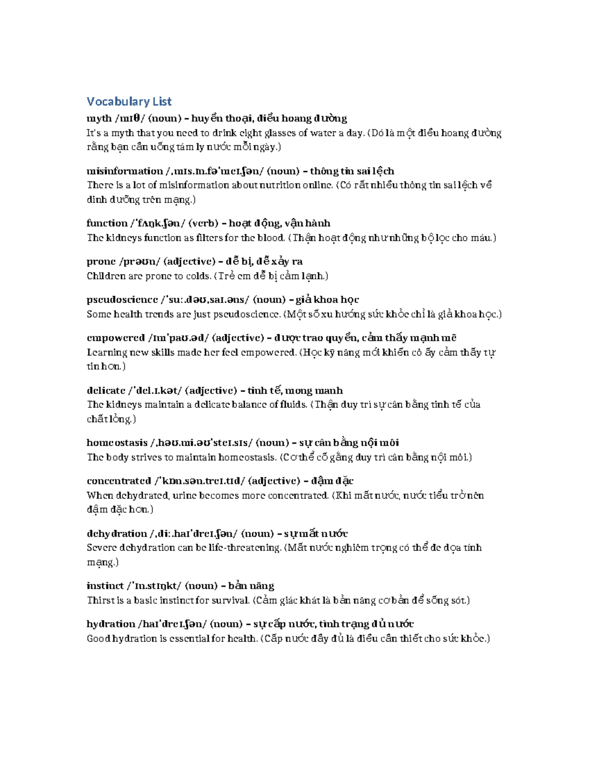 Vocabulary List: Water Myths and Hydration Terms - Studocu