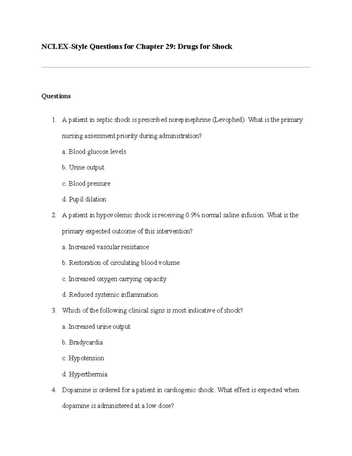 Shock - pharm NCLEX practice style questions - NCLEX-Style Questions for Chapter 29: Drugs for ...