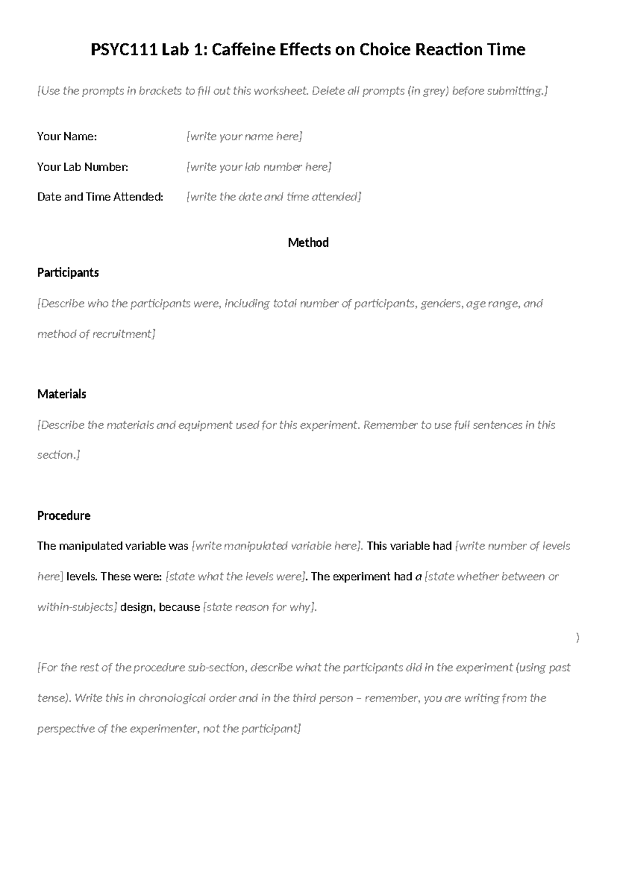 2026 PSYC111 Lab 1: Caffeine Effects on Reaction Time Worksheet - Studocu