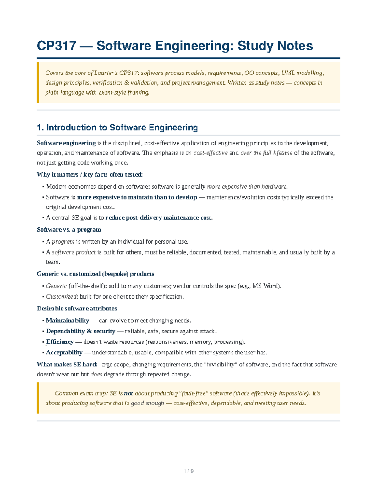 CP317 Software Engineering: Comprehensive Study Notes - Studocu