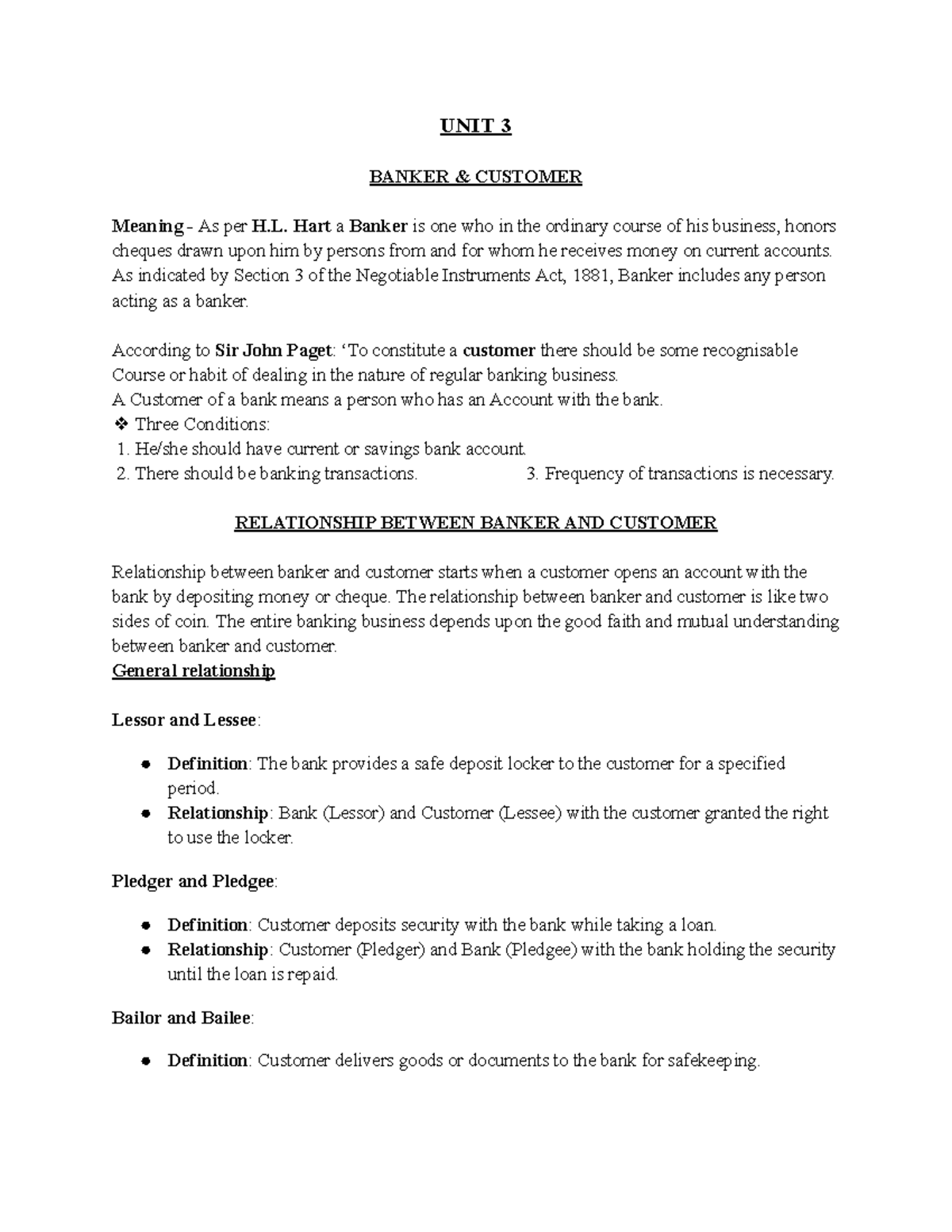UNIT 3 - Banking LAW - Notes for the unit - UNIT 3 BANKER & CUSTOMER ...