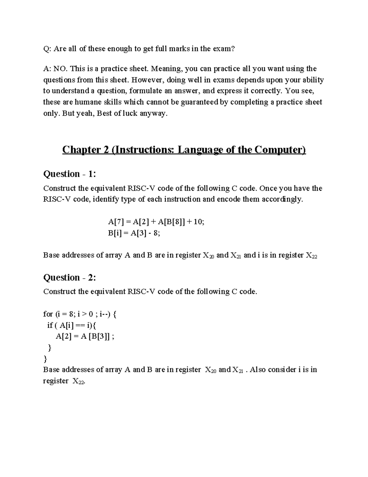 Practice Sheet - 2 (C Code & Assembly Instructions) - Studocu