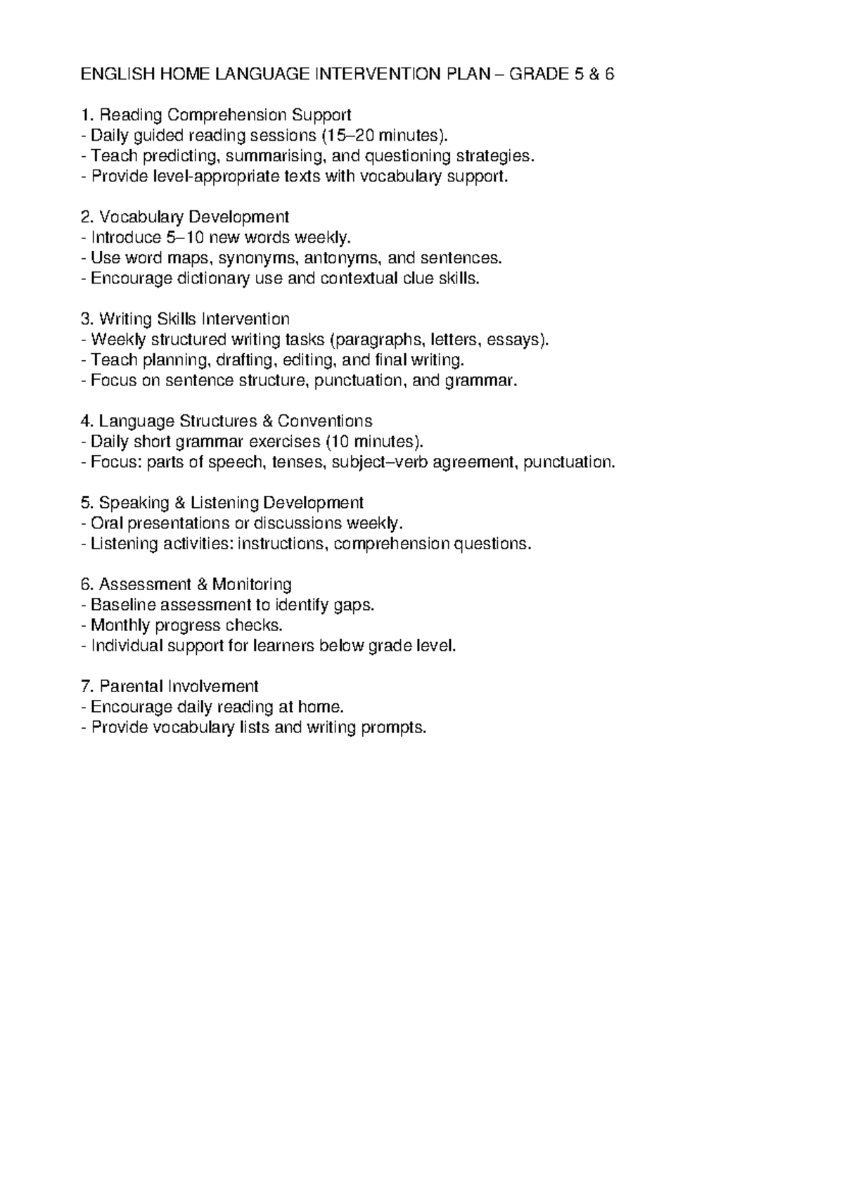 English Home Language Intervention Plan: Grades 5 & 6 - Studocu