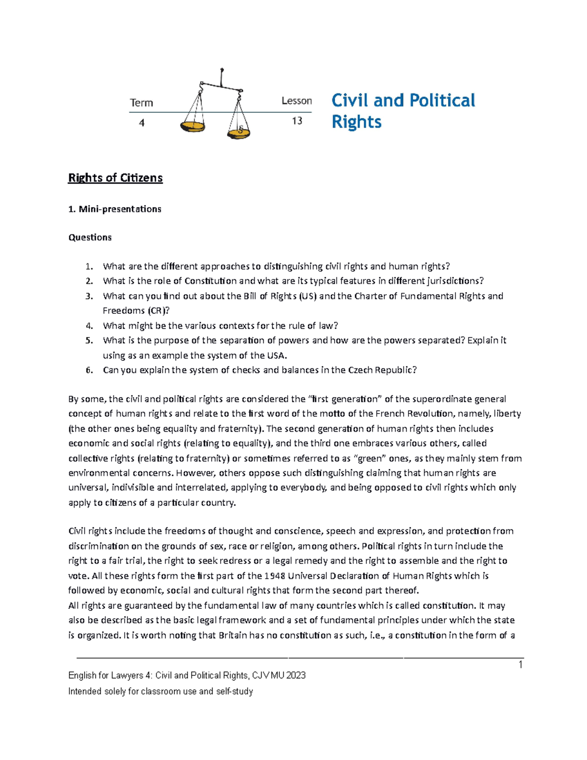 Lesson 13: Exploring Civil and Political Rights CJV MU 2023 - Studocu