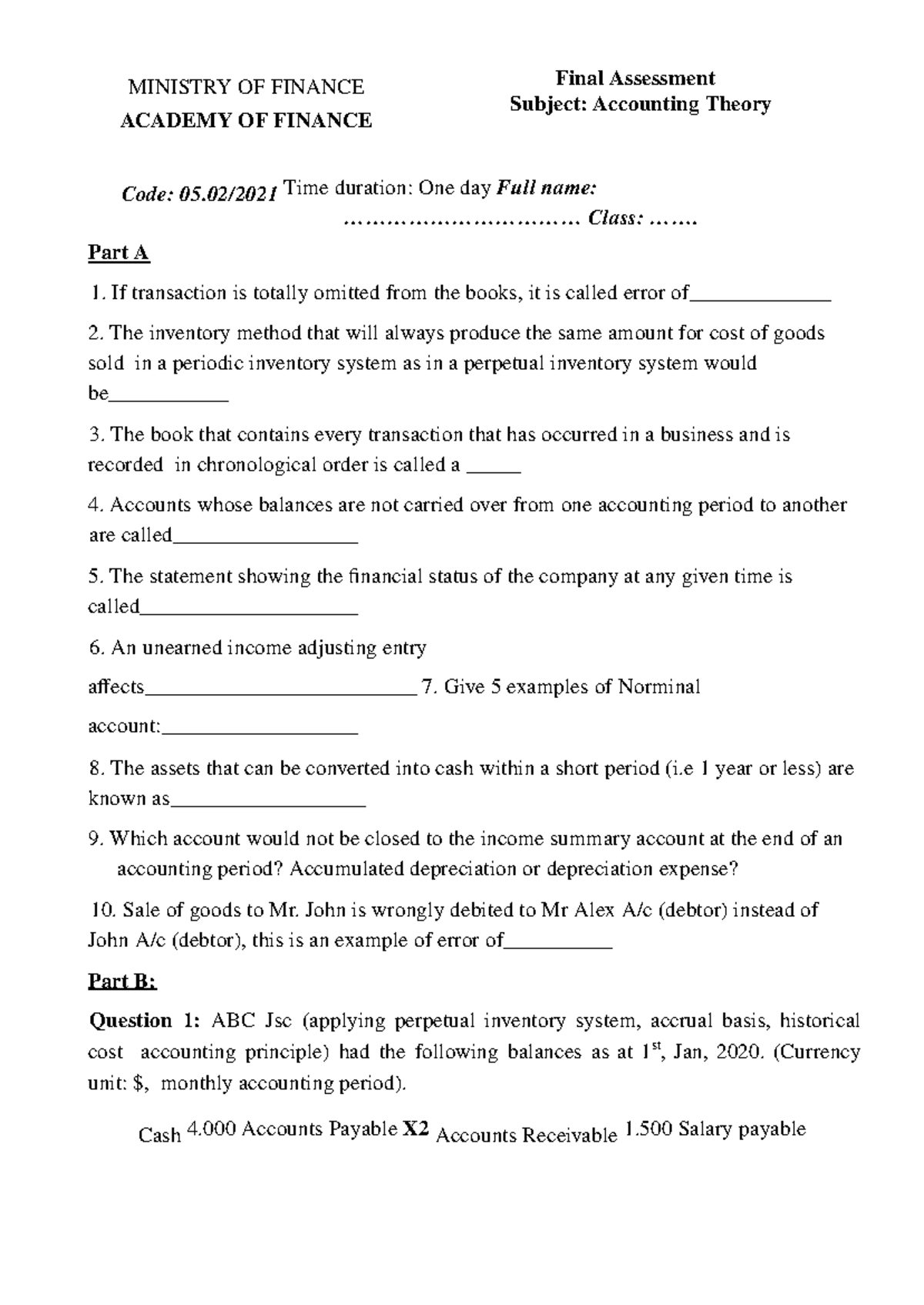 Accounting Theory Final Assessment - Code: 05 - Part A & B - Studocu