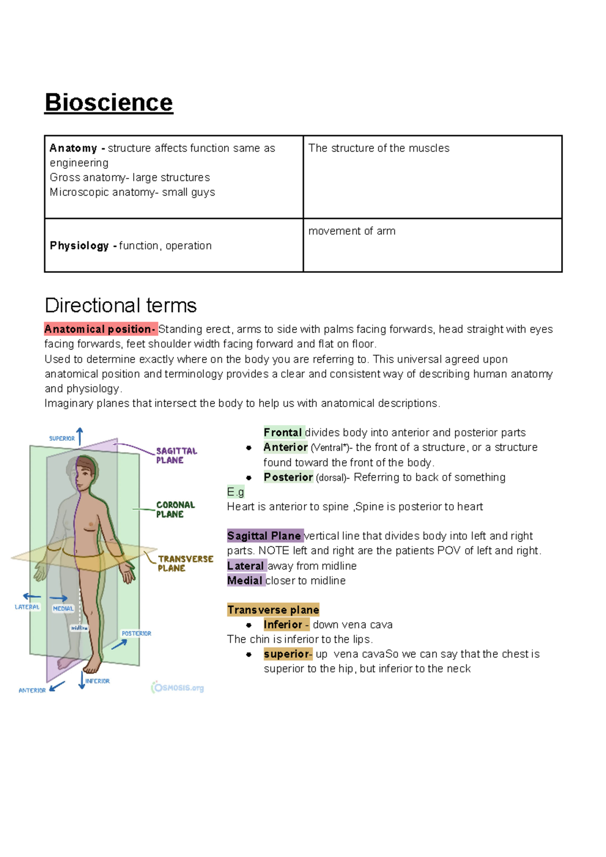 Anatomy & Physiology Overview - BIOS101 Study Notes - Studocu