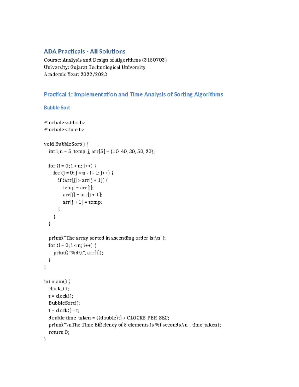 ADA Practical Solutions for Algorithms (3150703) - Complete Guide - Studocu