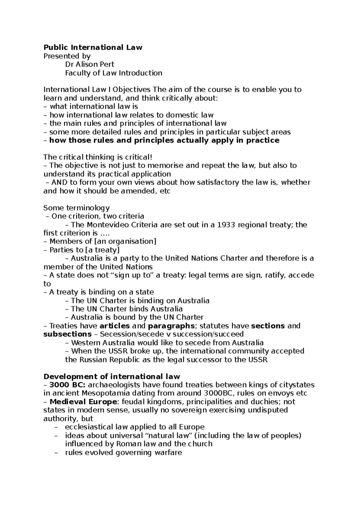 Public International Law (PIL) Lecture Notes - Dr. Alison Pert - Studocu