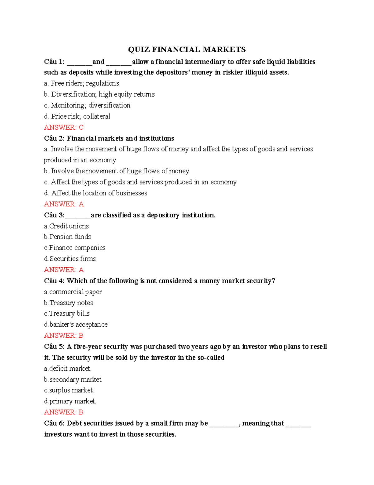 QUIZ FIN 101: Multiple Choice Questions on Financial Markets - Studocu