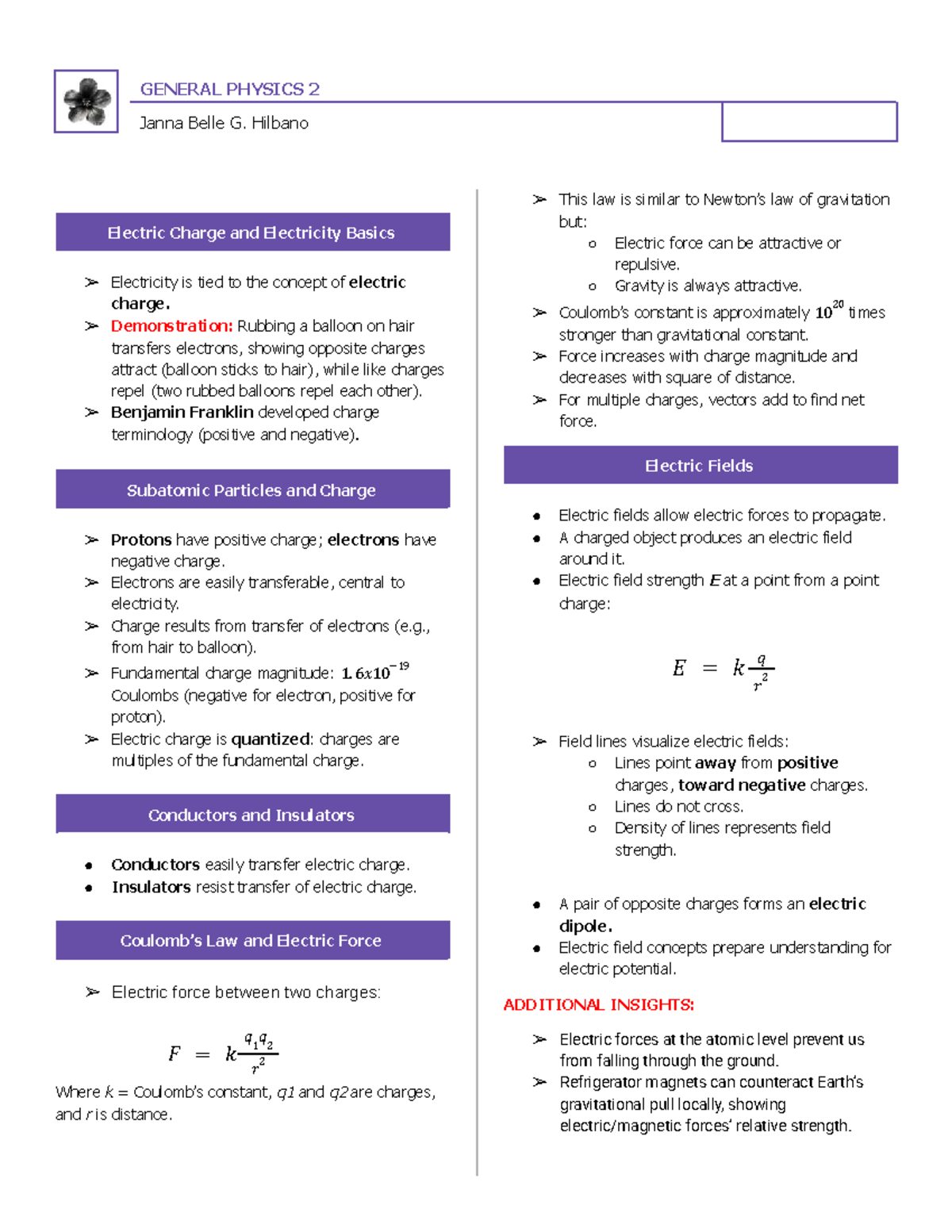 GENERAL PHYSICS 2: Electric Forces and Fields Reviewer - Studocu