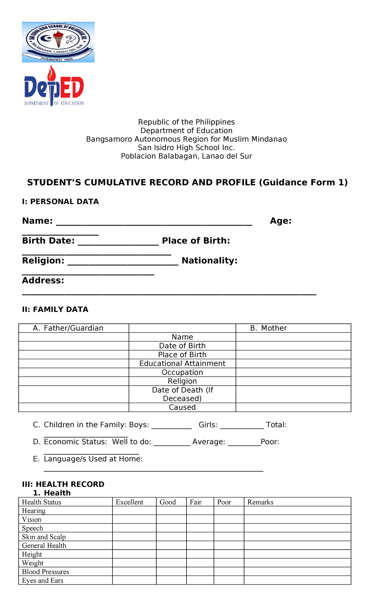 Guidance Form San Isidro - Republic of the Philippines Department of ...