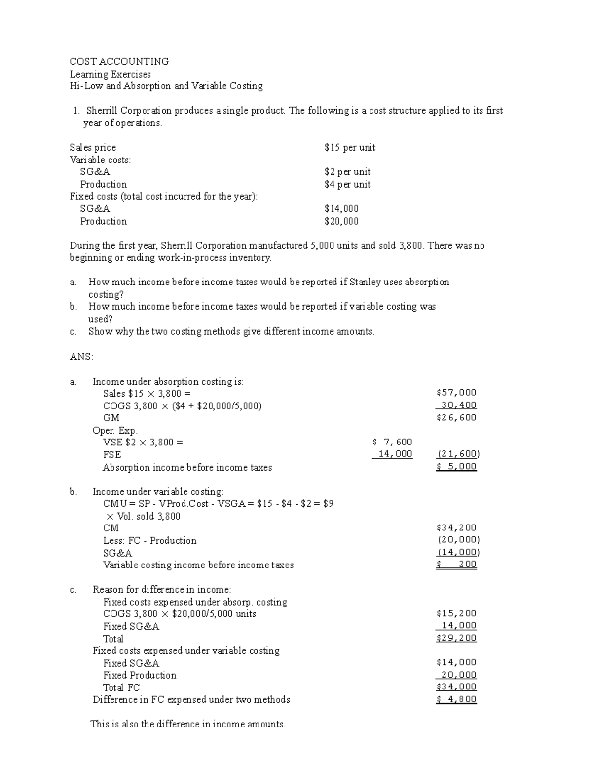 Cost Behavior Study for Cost Accounting: Hi-Low Method Exercises - Studocu