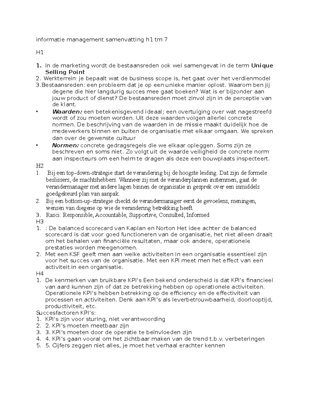 Informatie Management Samenvatting H1-H7: Strategische Concepts en KPI ...