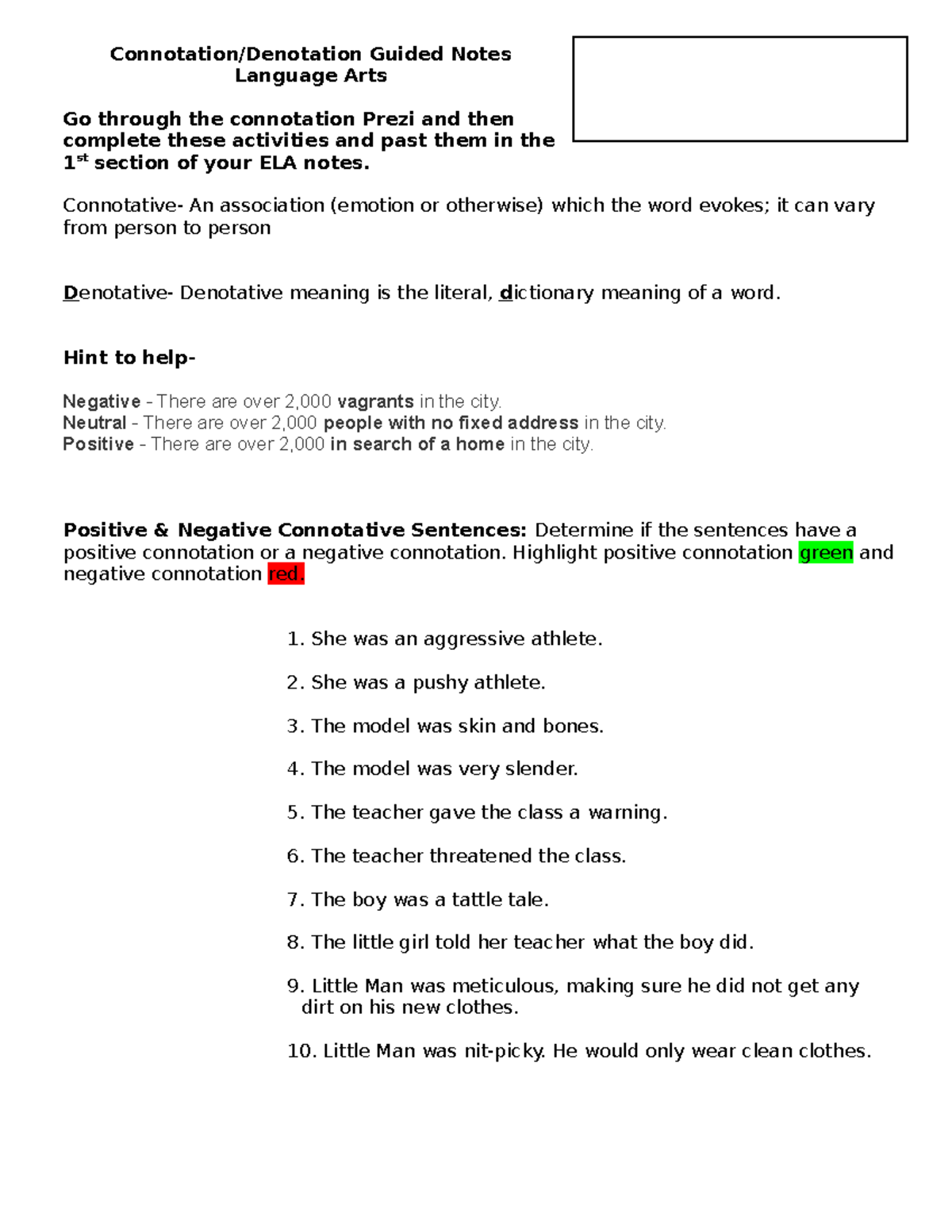 Connotation and Denotation Guided Notes for ELA - Studocu