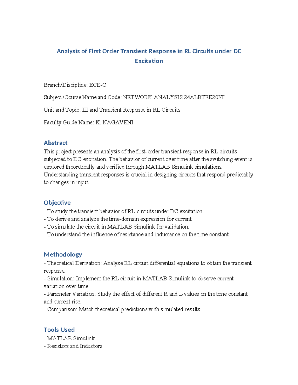 First Order Transient Response in RL Circuits - NETWORK ANALYSIS ...