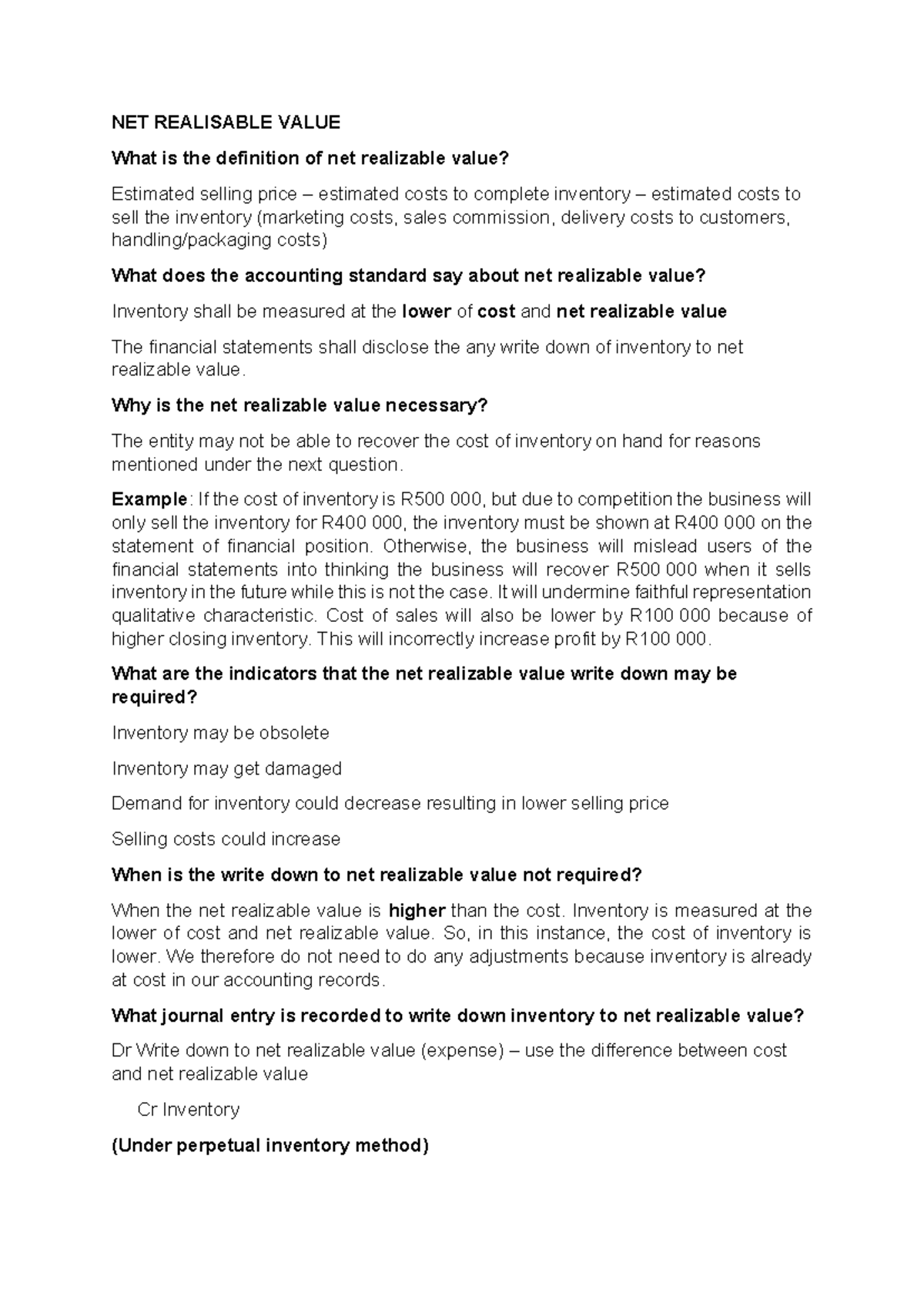 NRV Notes - NET REALISABLE VALUE What is the definition of net ...