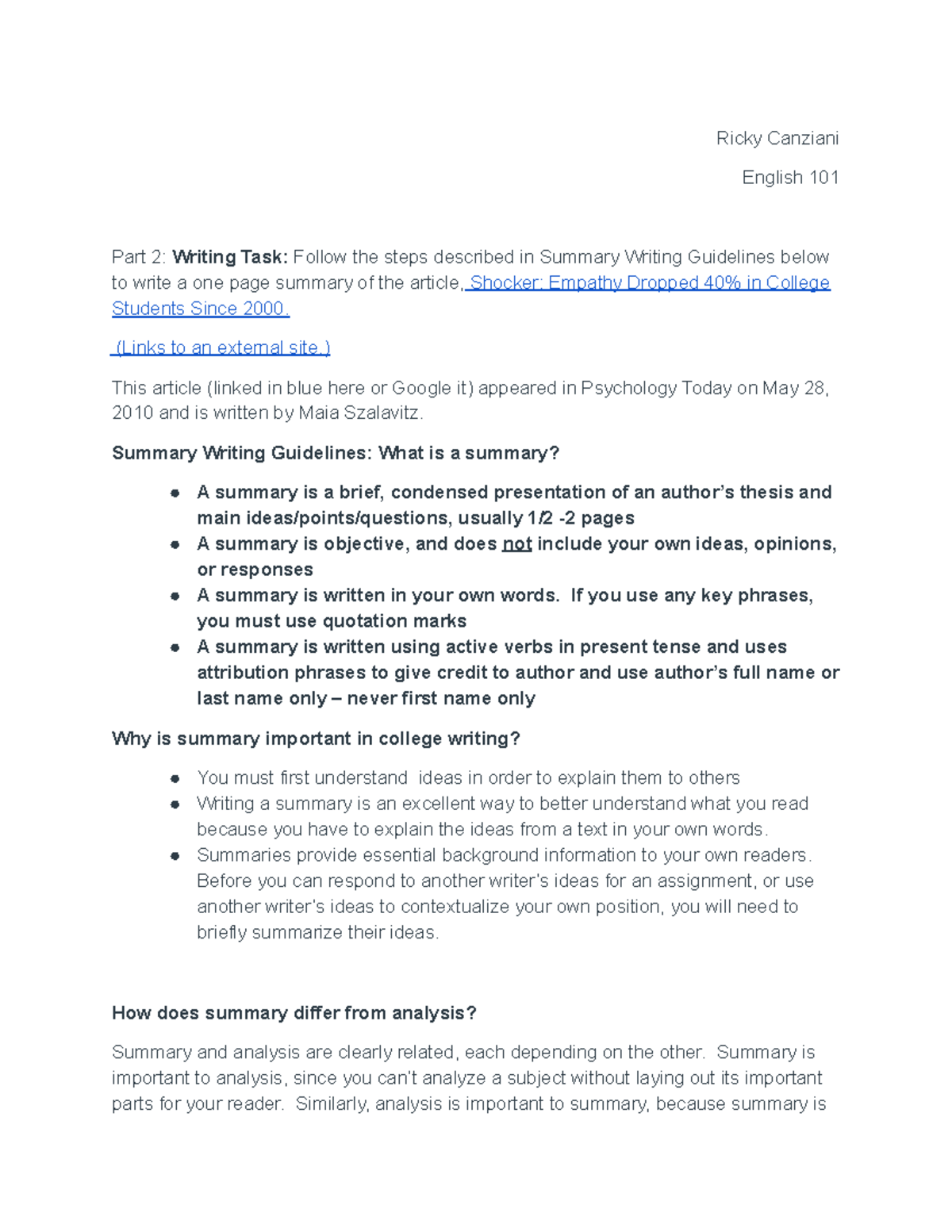 ENG 101 - Summary Writing Guidelines for Empathy Article Draft - Studocu