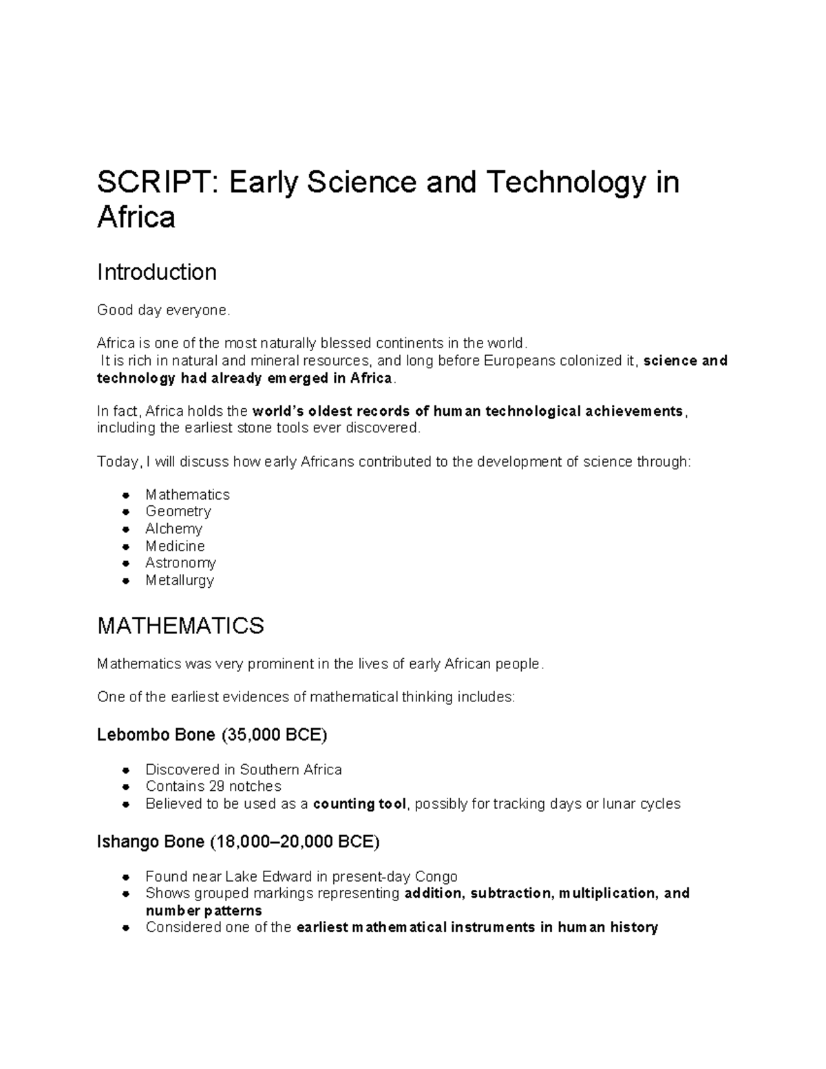 SCRIPT: Early Science & Tech in Africa - An Overview - Studocu