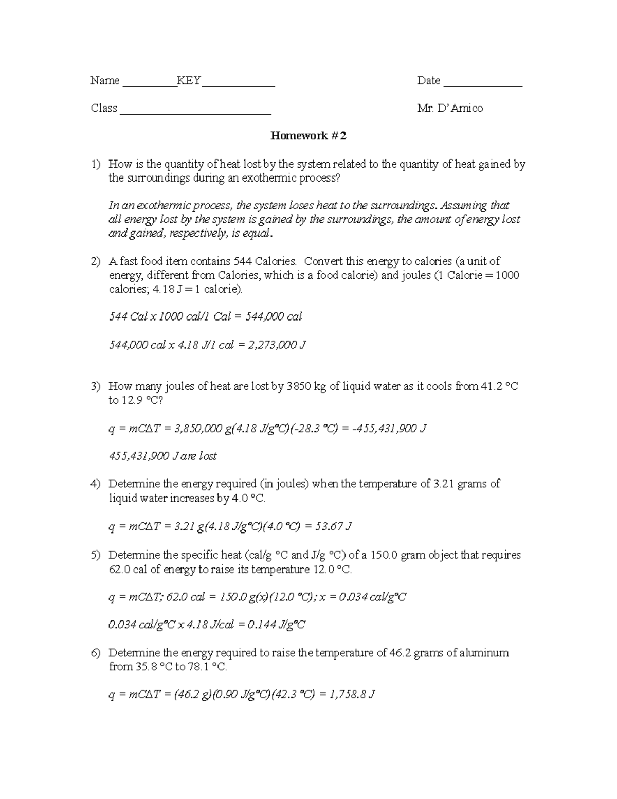 HW 2 Answer Key - Math: Energy Calculations and Specific Heat - Studocu
