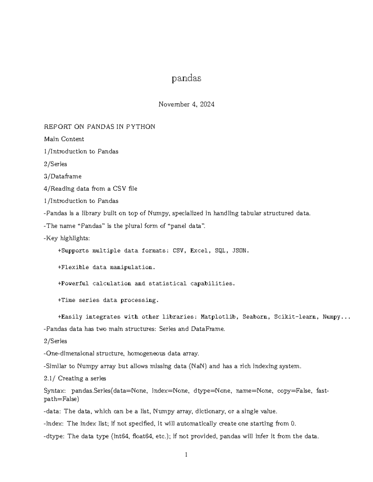 Pandas Report: Key Concepts in Python (INB 1535823772969467366) - Studocu