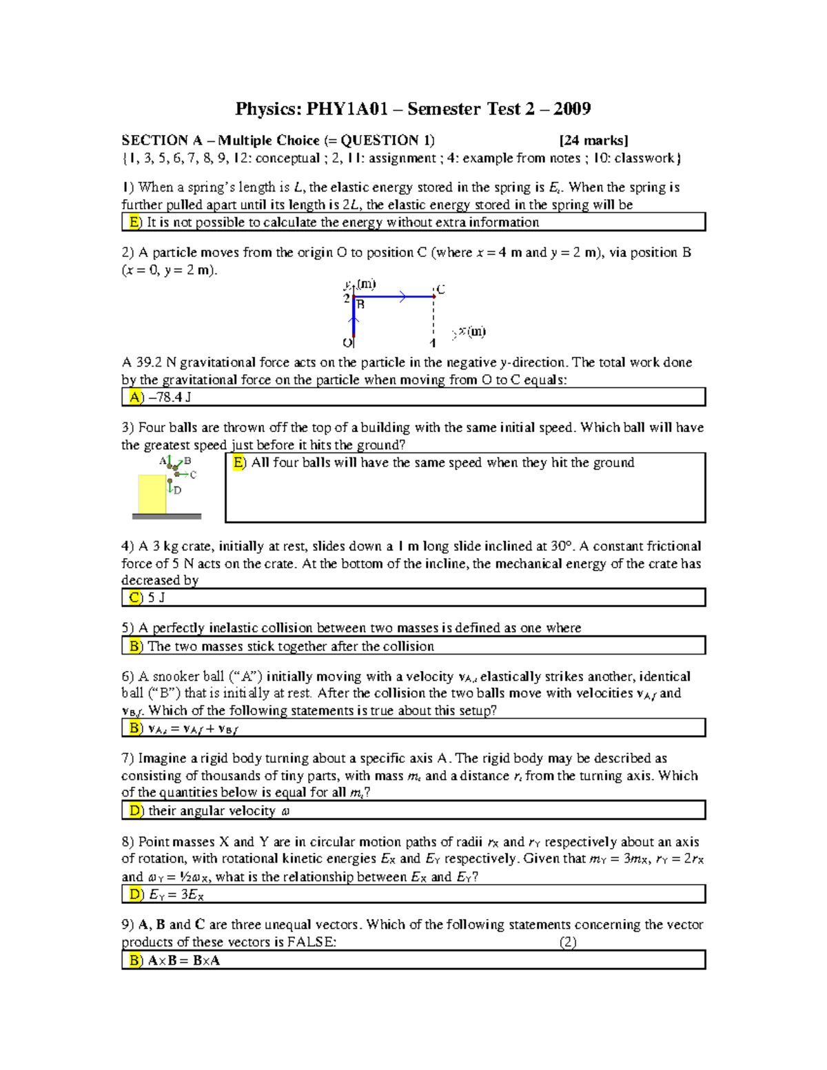 PHY1A01 Test2 2009 solutions - Physics: PHY1A01 – Semester Test 2 ...