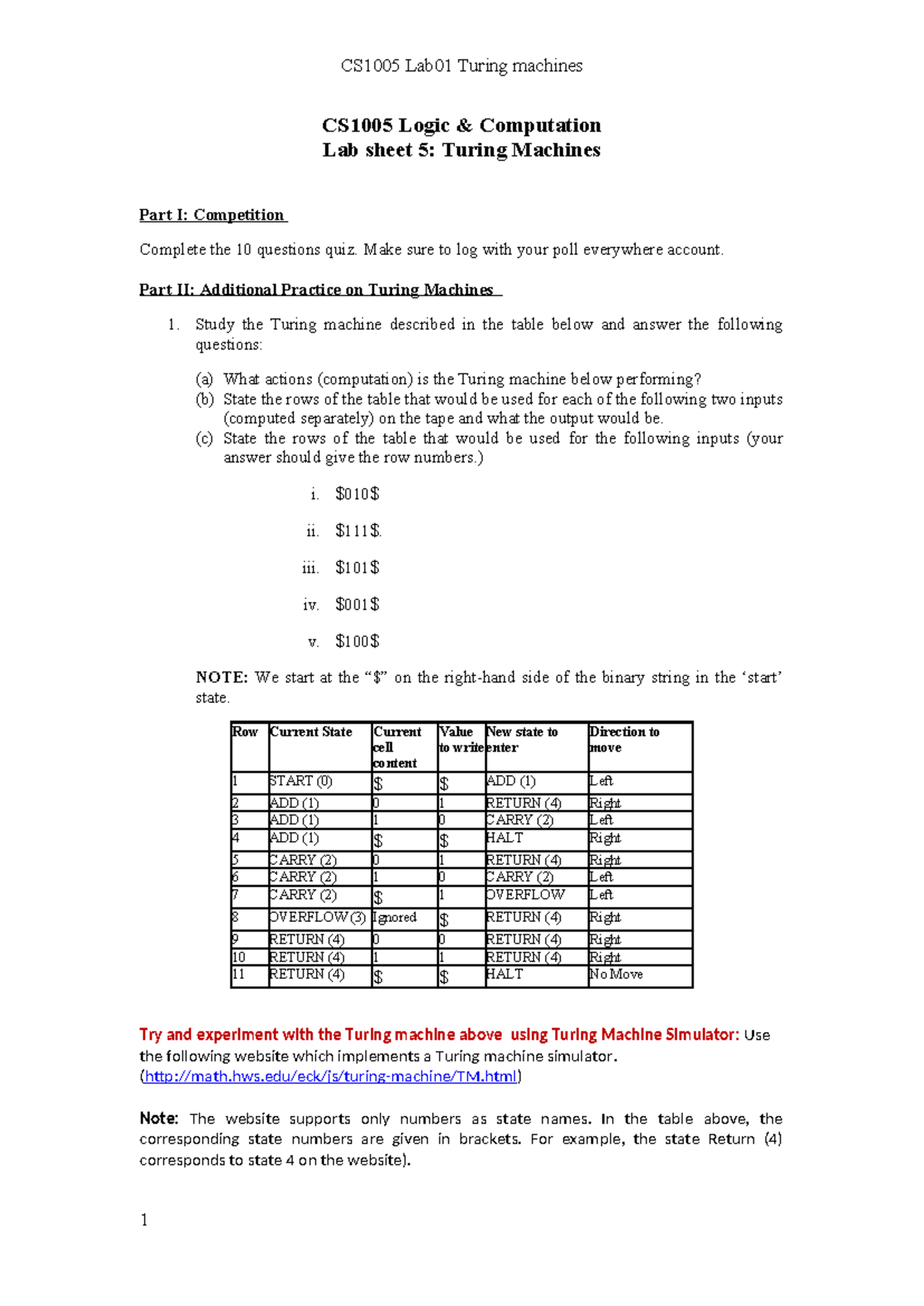 CS1005 Lab01: Turing Machines Quiz & Practice Guide - Studocu