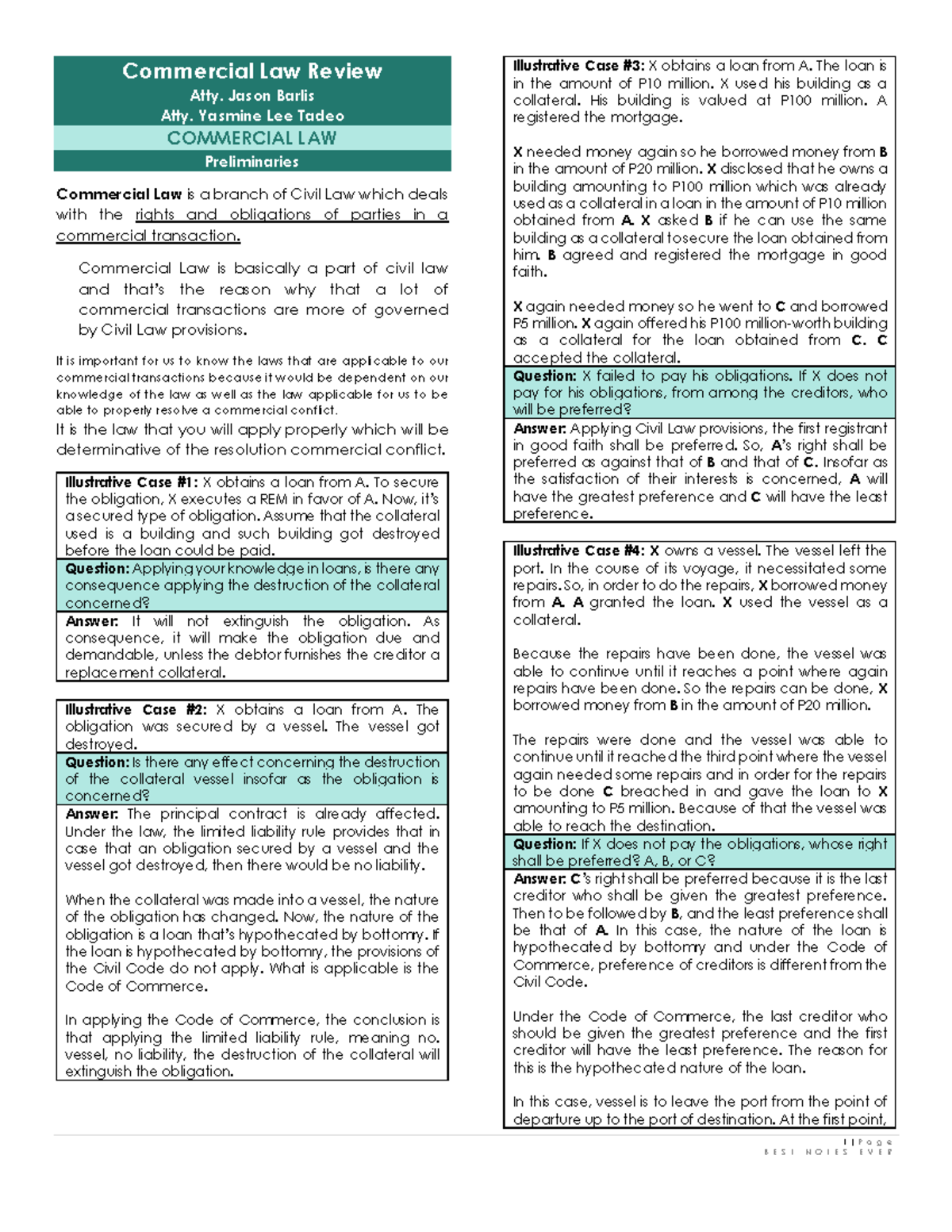 Commercial Law Review Notes for Q2 - Best Study Guide on Cases and ...