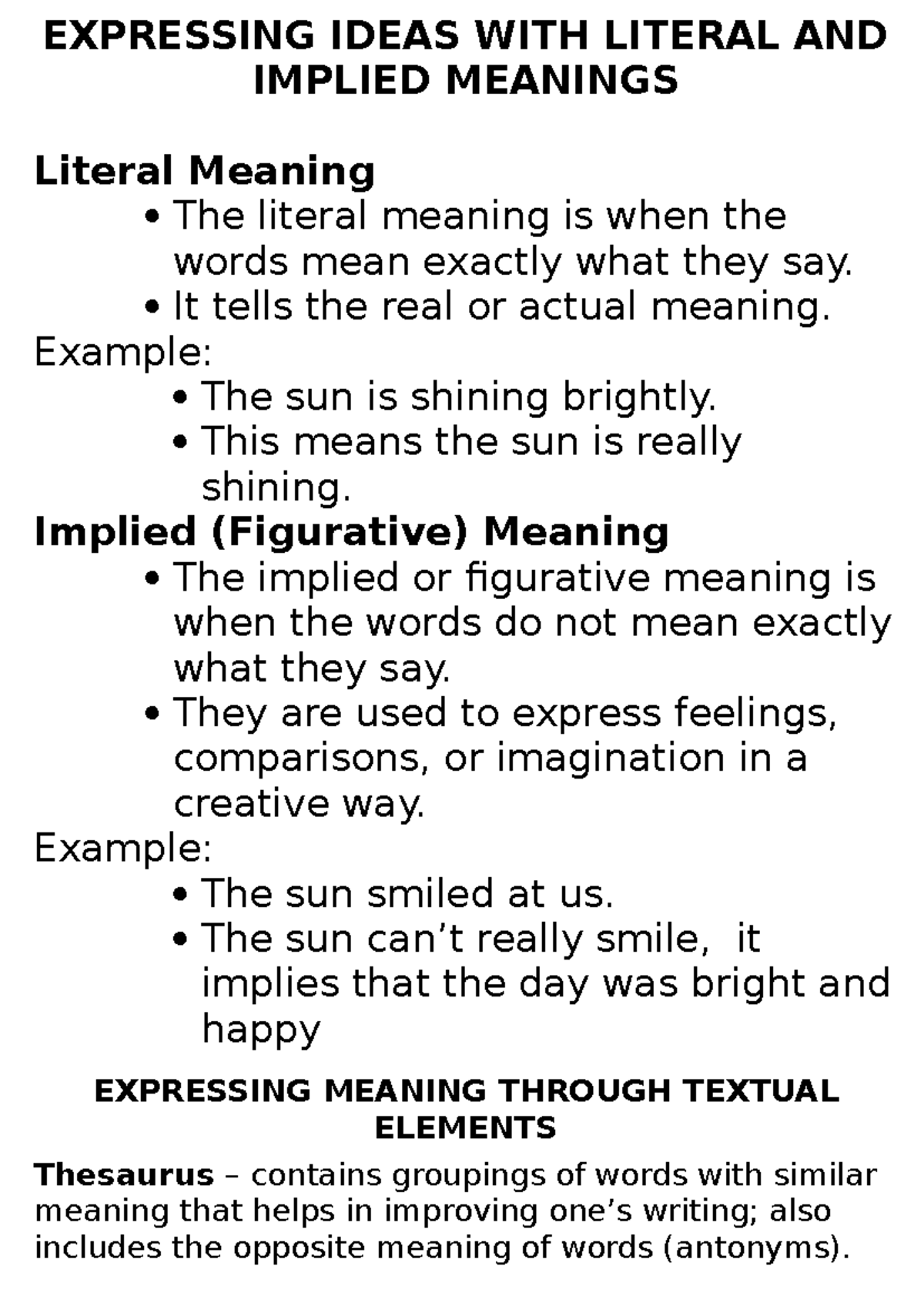 EXPRESSING IDEAS: LITERAL & IMPLIED MEANINGS (WEEK 3 & 4 NOTES) - Studocu