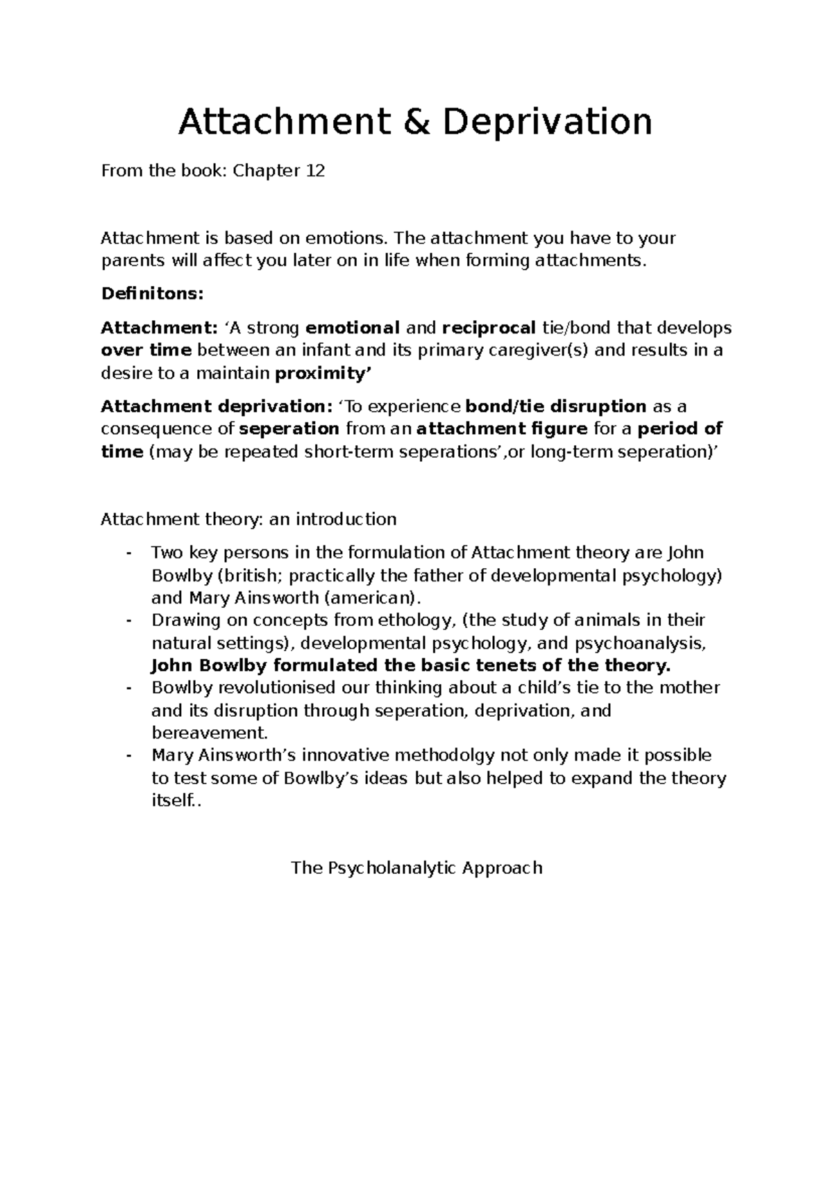 Chapter 12: Attachment Theory and Deprivation (PSY 101) - Studocu