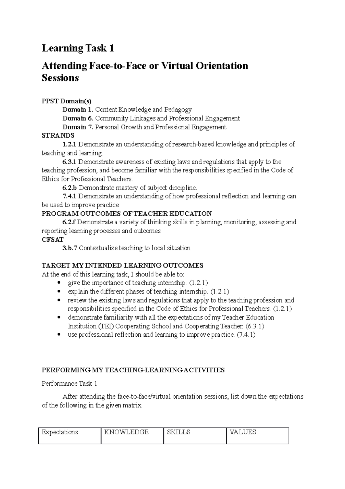 Learning Task 1 - Content Knowledge and Pedagogy Domain 6. Community ...