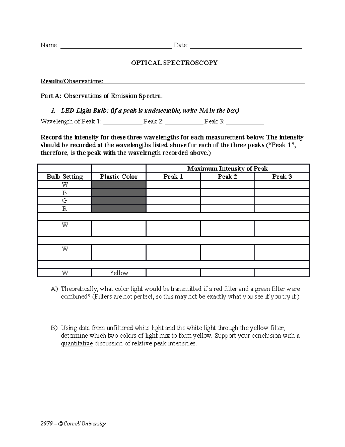 E7 Optical Spectroscopy Observation Worksheet - Studocu