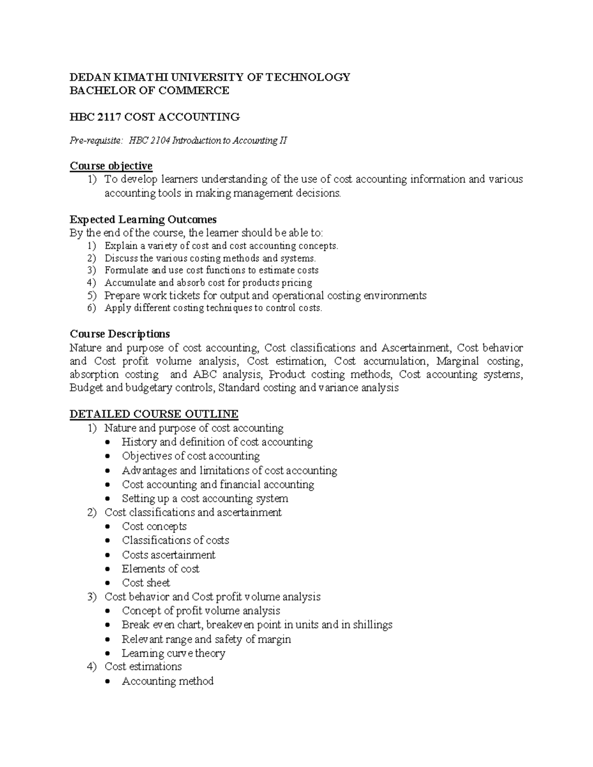 Course Outline for Cost Accounting HBC 2117 & BCM 2102 - Studocu