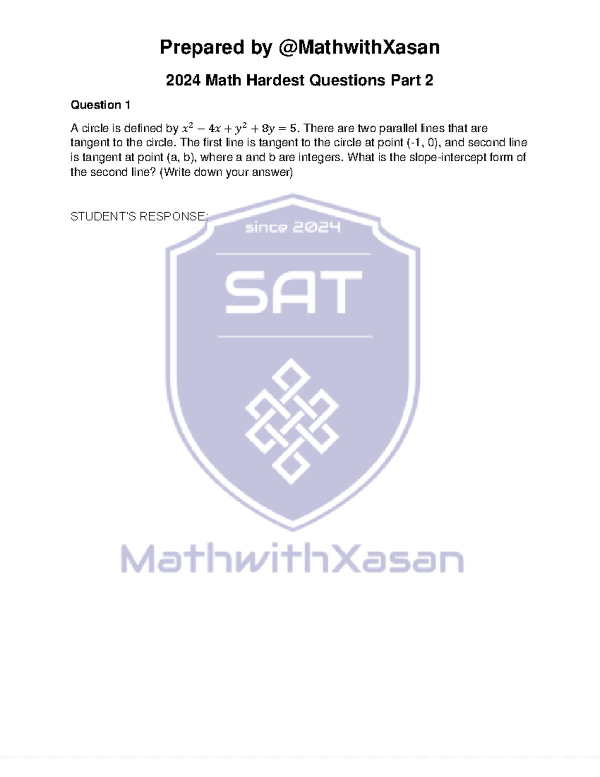 2024 Math Hardest Questions Part 2 by @Mathwith Xasan - Studocu