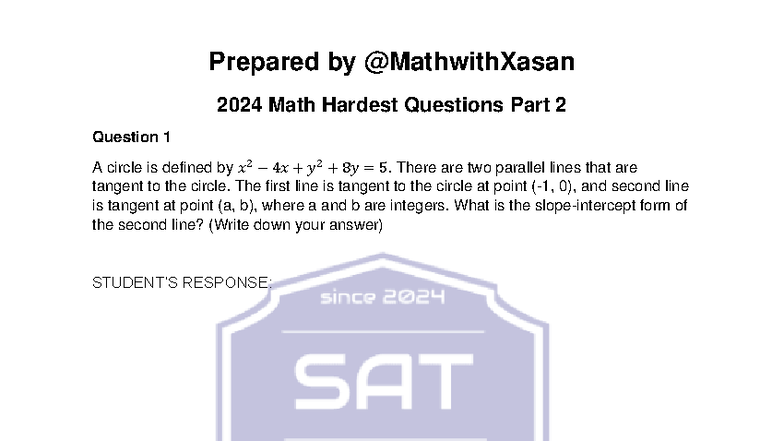 2024 Math Hardest Questions Part 2 by @Mathwith Xasan - Studocu