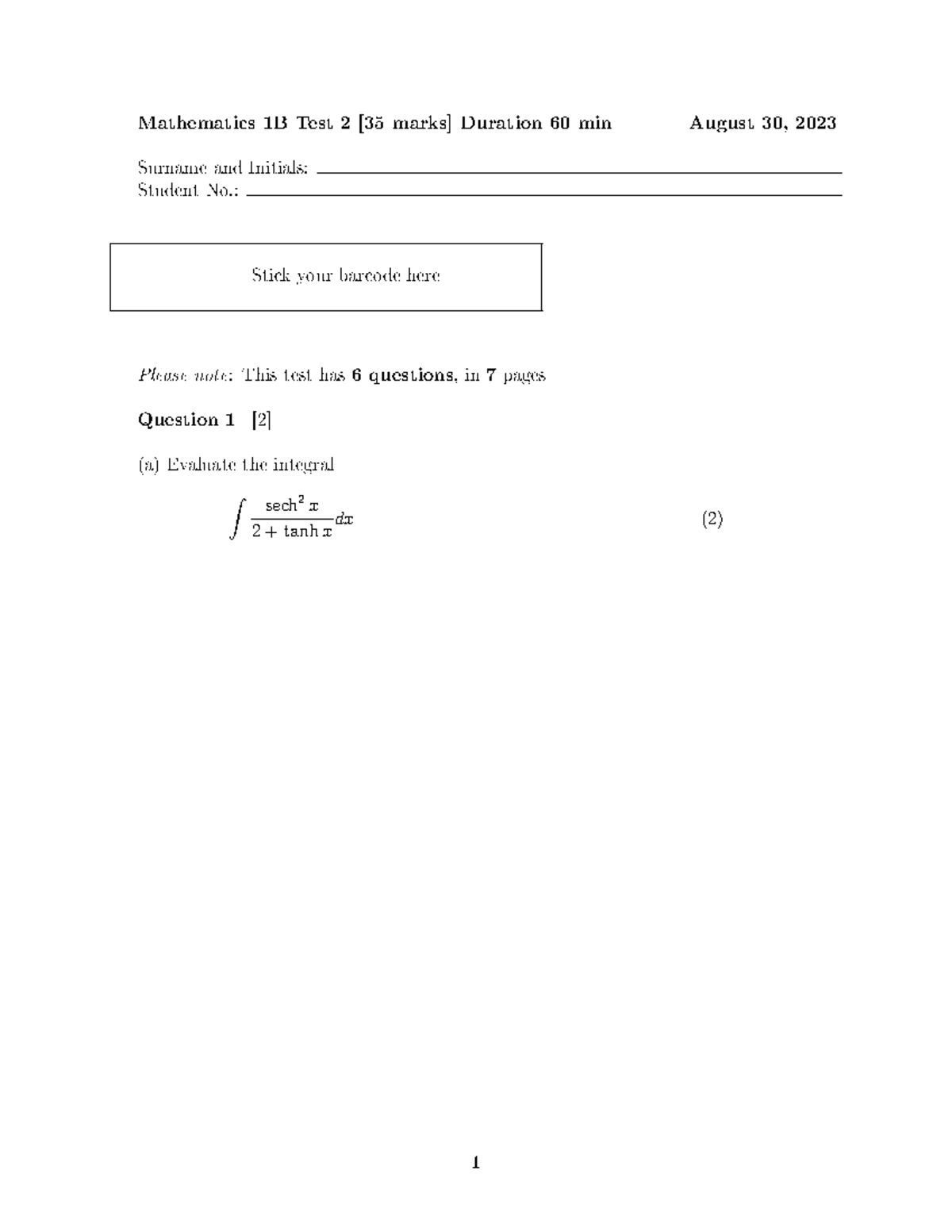 Mathematics 1B Test 2 (2023) - Integral Evaluation Questions - Studocu