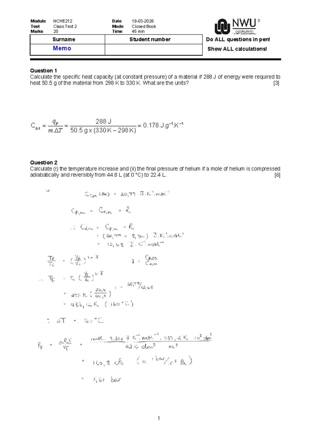 2026 NCHE212 Class Test 2 Marks and Solutions - Studocu