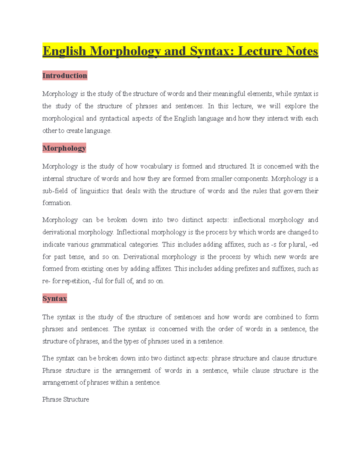 ENG101: Morphology and Syntax Lecture Notes Summary - Studocu