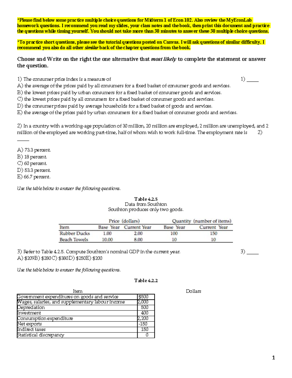 Econ 102 Midterm 1: Practice Multiple Choice Questions and Answers ...