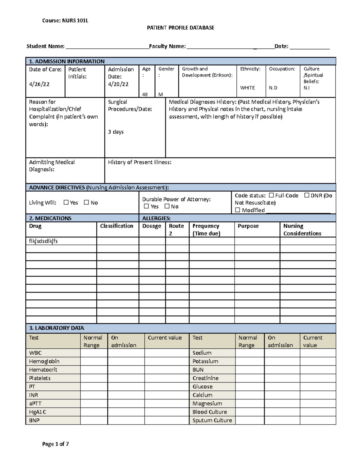 N101L Patient Profile Database Form - PATIENT PROFILE DATABASE Student ...