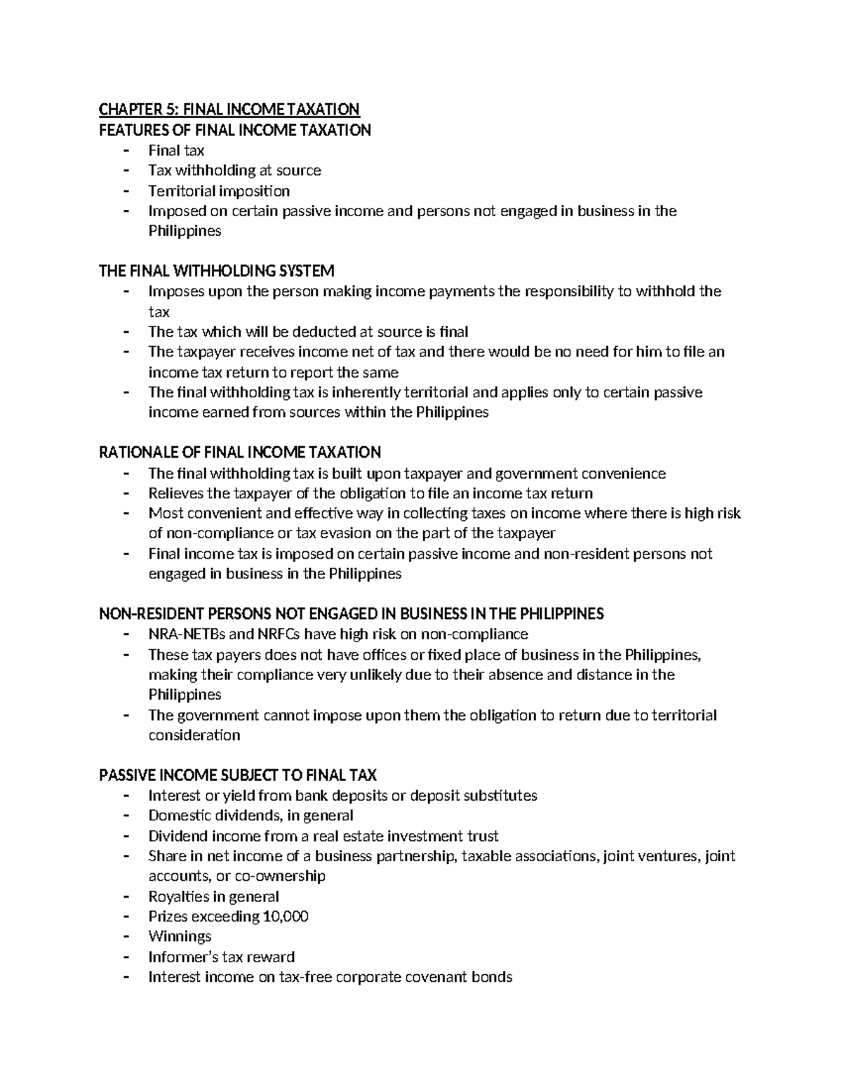 CHAPTER 5: FINAL INCOME TAXATION FEATURES AND WITHHOLDING SYSTEM - Studocu