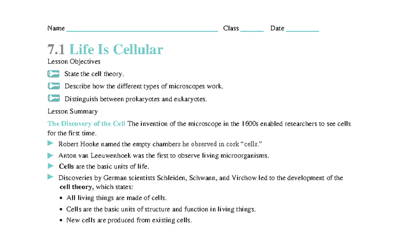 Chapter 7 Section 1 Study Guide - Name Class Date 7 Life Is Cellular ...